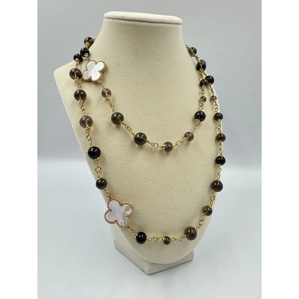 Gold Tone Natural‎ Gemstone Beaded Necklace Mother Of Pearl Clover Statement 38